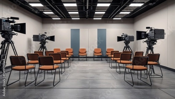 Obraz Featuring cluster of orange upholstered chairs facing front in studio, with professional cameras