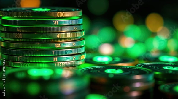 Fototapeta A stack of coins illuminated from below by small green lights