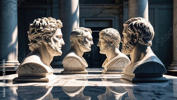 Obraz Standing four white marble busts casting shadows in gallery hall, polished marble table