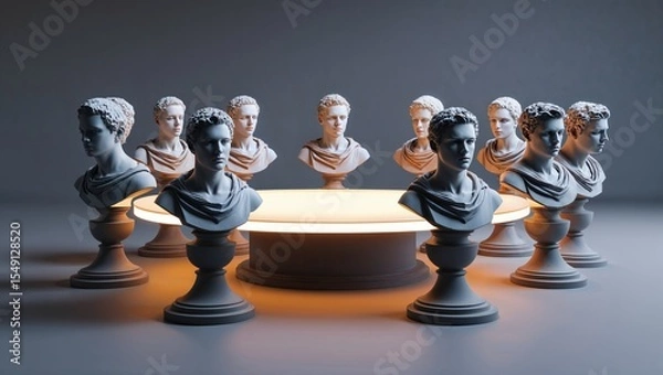 Obraz Displaying nine marble bust sculptures glowing on circular table in studio with amber underlighting