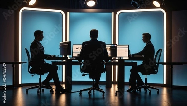 Obraz Working man in dark suit analyzing data on multiple monitors in tech office, with overhead lights