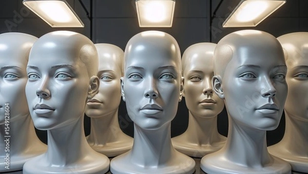 Obraz Presenting central glossy white mannequin head resting on pedestal in showroom, with ceiling lamps