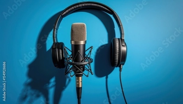 Obraz Displaying black condenser microphone in shock mount at recording studio, with over ear headphones