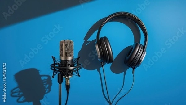 Obraz Showing shock-mounted condenser mic casting shadows on studio wall with headphones, stand, cables