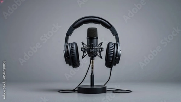 Obraz Showcasing black condenser mic in shock mount on stand in studio, with headphones and cable