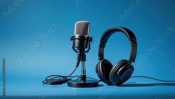 Obraz Showcasing condenser microphone and headphones sitting in studio on desk, with coiled audio cable