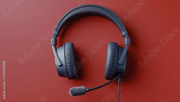 Obraz Showing black wired headset resting on red backdrop, with padded ear cups, boom mic and cable
