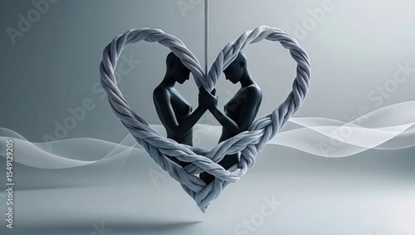 Obraz Kneeling dark abstract figures clasping hands in studio, with heart-shaped braided rope and ribbon