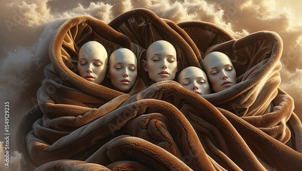 Obraz Five lifelike female mannequin heads nesting within brown fabric amid golden clouds, dreamlike sky