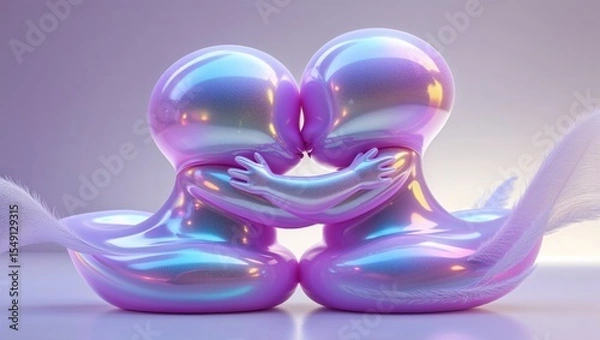 Obraz Sitting iridescent sculptures kissing on reflective tabletop in gallery, with tails and pastel hues