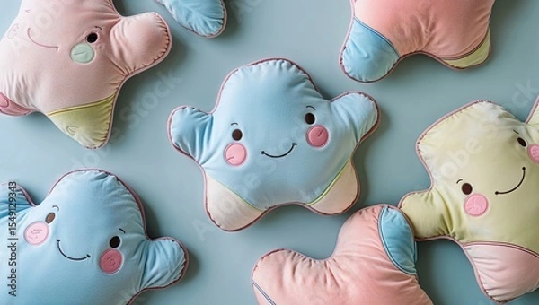 Obraz Pastel blue star-shaped plush pillow sitting on pale blue tabletop, with six plush stars smiling