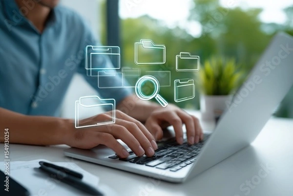 Fototapeta Modern digital document management with futuristic glowing folder icons on a laptop screen in a bright outdoor workspace environment with green trees