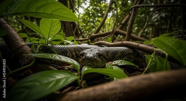Fototapeta Close-up of a Large Snake in Lush Green Jungle Foliage, Eye Contact