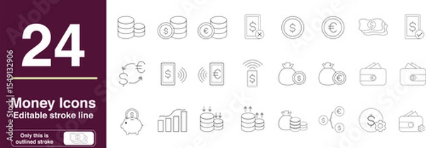 Fototapeta Set of Money Related Vector Line Icons. Contains such Icons as Wallet, stack of coins, Bundle of Money, piggy bank with a Coin, money exchange and more. Editable Stroke