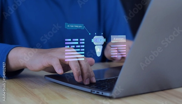 Fototapeta close-up of hands typing on a laptop with a virtual AI assistant, chatbot interface, and code overlay, representing artificial intelligence, automation, and smart digital support systems.