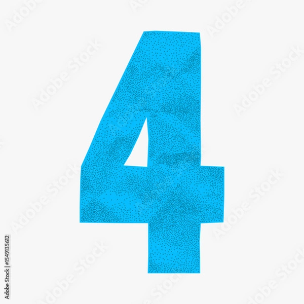 Fototapeta Blue number 4 with gritty crumpled surface and jagged collage edges. Cheerful and quirky cartoon digit in colorful school cutout style.