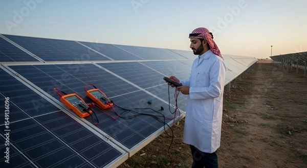 Obraz Arab Engineer Inspecting Solar Panels with Multimeters at Dusk