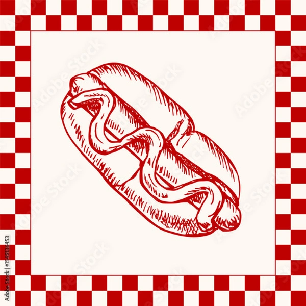 Obraz Hot dog outline sketch illustration, fast food hand-drawn vector clipart. Sausage in a bread bun drawing in engraving style, isolated