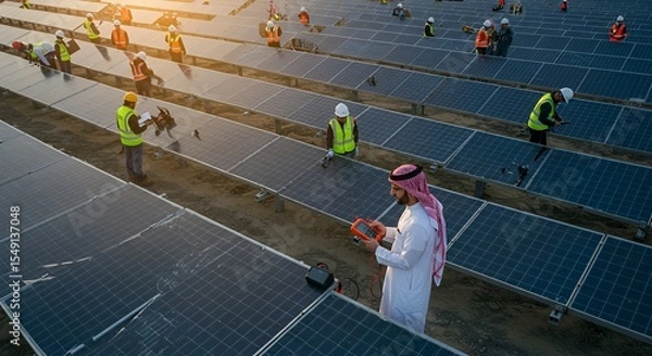 Obraz Arabian Solar Farm Technicians Inspecting and Maintaining Photovoltaic Panels