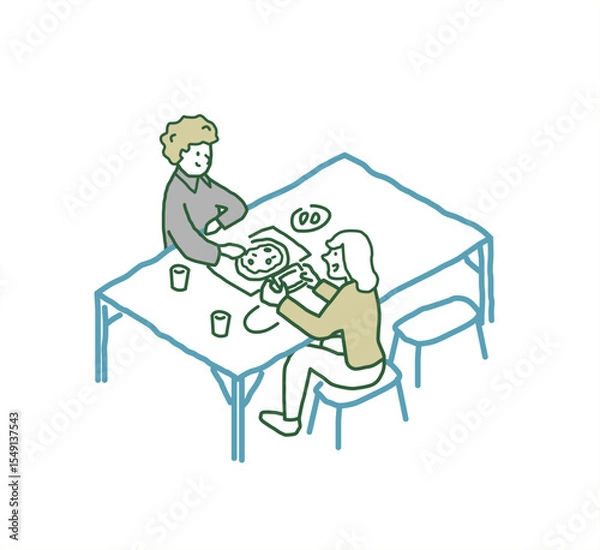 Obraz テーブルで食事をする人々　 手描きアイソメトリックイラスト