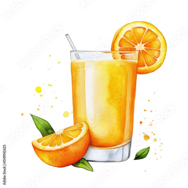 Fototapeta Element watercolor orange juice in a glass with orange fruit slices