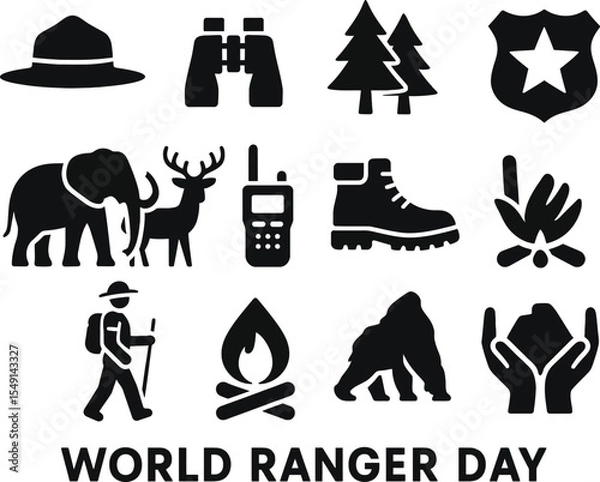 Fototapeta Black silhouette icon set for World Ranger Day. Solid black vector pictograms featuring park ranger hat, binoculars, forest trees, ranger badge, wildlife animals, walkie-talkie, hiking boots, ranger p