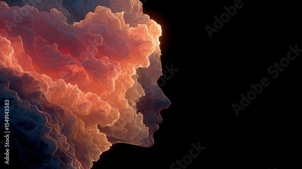Fototapeta Abstract profile of a head, fiery clouds
