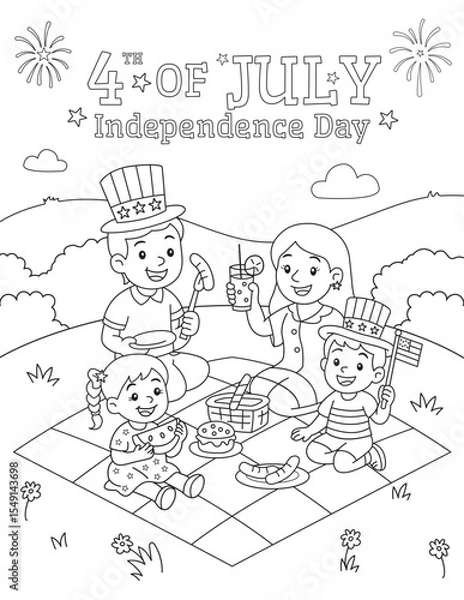 Fototapeta Adorable vector scene of a family enjoying a 4th of July picnic with food, drinks, and American flags. Great for holiday-themed coloring activities.