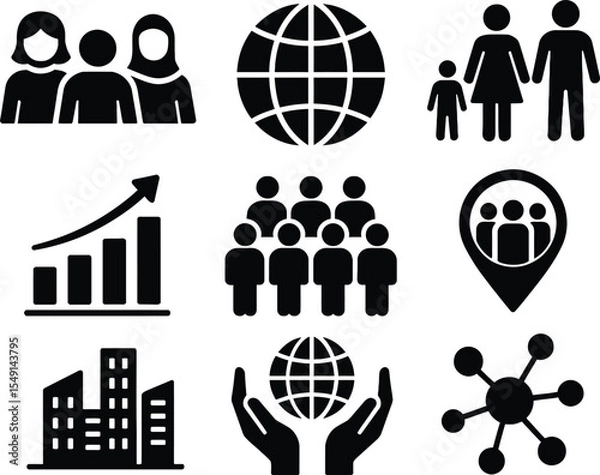Fototapeta Black silhouette icon set for World Population Day. Solid black vector pictograms featuring diverse group of people, globe, family, growth chart, crowd, population density symbols, city skyline, hands