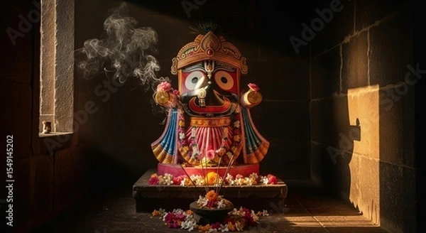 Obraz Lord Jagannath idol placed inside a small traditional stone shrine with soft sunlight