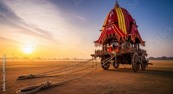 Obraz Decorated wooden rath of Lord Jagannath standing with long ropes neatly arranged on the ground