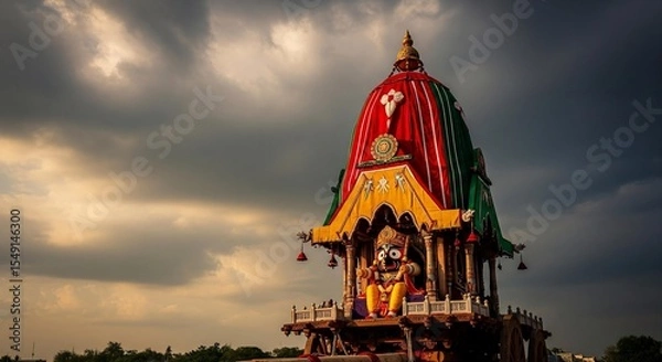 Obraz Lord Jagannath idol placed alone on the Rath under cloudy sky before the yatra begins
