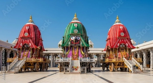 Obraz Three Rath of Jagannath, Balabhadra, and Subhadra standing in temple courtyard