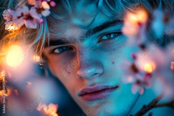 Obraz Dark night and warm mystic light - complementary lighting, spring mood idea. Handsome young guy inhaling the aromatic of cherry blossoms. Fashionable man in cherry blossom garden.
