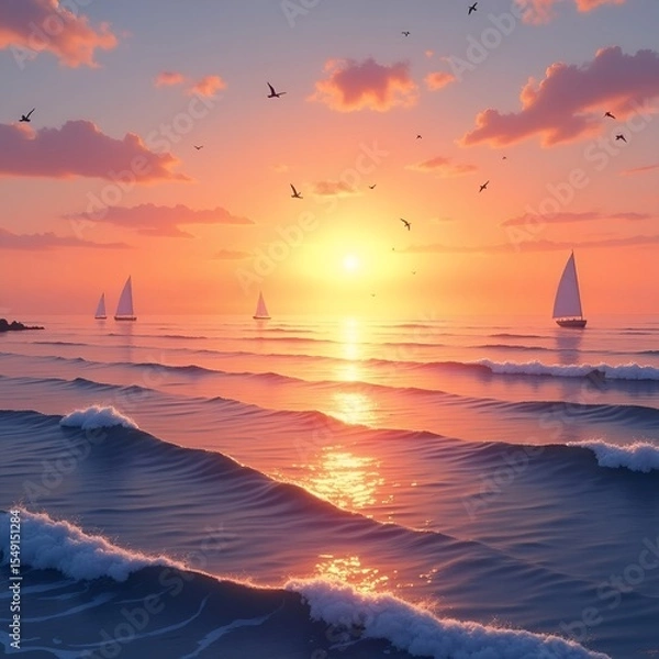 Fototapeta Colorful Sunset Over Ocean with Vibrant Sky and Gentle Waves in a Peaceful Seascape