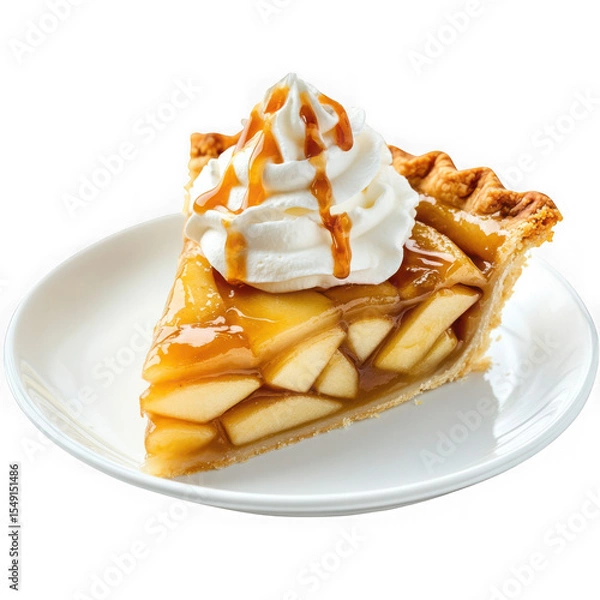 Fototapeta Slice of apple pie with caramel and whipped cream isolated on transparent background