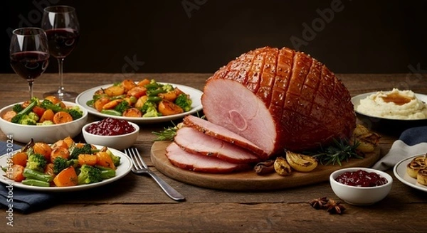 Fototapeta Glazed Ham Centerpiece: A Festive Holiday Feast of Roasted Vegetables, Creamy Mashed Potatoes, and Cranberry Sauce