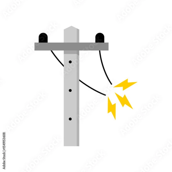 Fototapeta Broken electric wire of high power voltage pole is damaged and short circuit spark cause danger electrocution risk icon flat vector design
