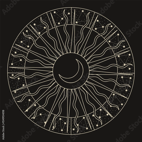 Obraz Vector illustration set of moon phases. Different stages of moonlight activity in vintage engraving style. Zodiac Signs	