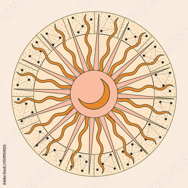 Obraz Vector illustration set of moon phases. Different stages of moonlight activity in vintage engraving style. Zodiac Signs	