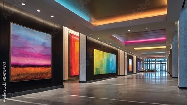 Fototapeta Modern hall with vibrant paintings and colorful lights in an elegant interior