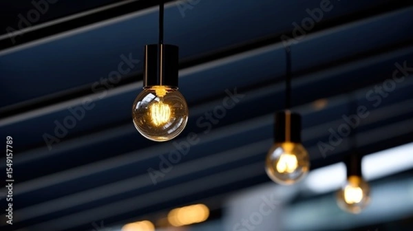 Fototapeta Three warm-toned, globe-shaped lightbulbs hang from black cords against a dark blue, slatted ceiling.  Soft, blurry background lights are visible