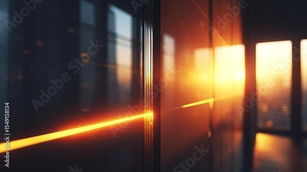 Fototapeta Sunset illuminates a sleek, dark server rack in a modern, high-rise office, with city views through large windows.  The warm light creates a dramatic, futuristic feel