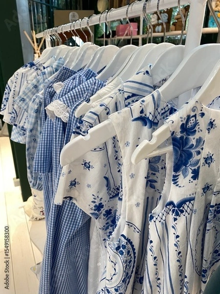 Obraz Blue and white patterned shirts hanging on a rack, featuring floral and checkered designs