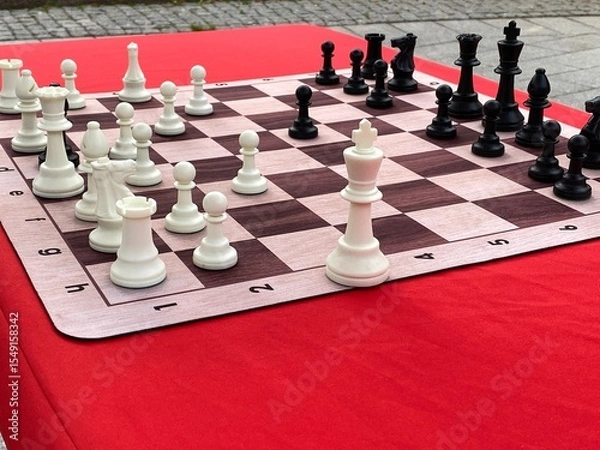 Obraz Outdoor chessboard setup with white and black chess pieces on red table background