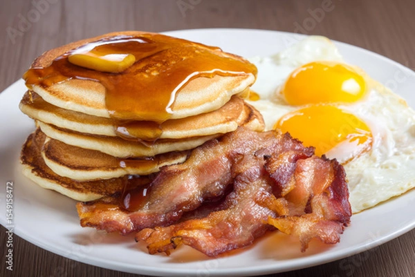Obraz American breakfast: pancakes with syrup, bacon, and eggs