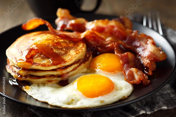 Obraz American breakfast: pancakes with syrup, bacon, and eggs