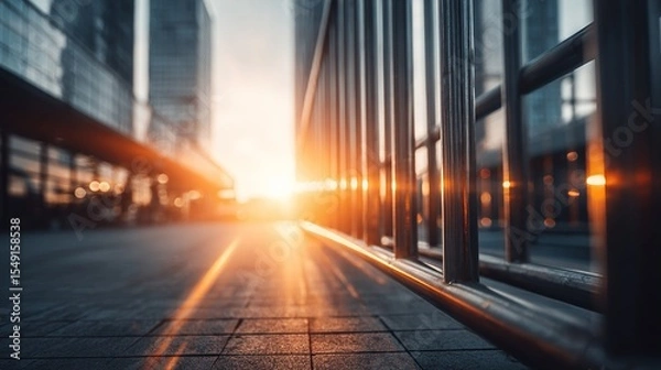 Fototapeta Low-angle shot of a metallic fence at sunset in a modern city, with blurred skyscrapers and sun rays creating a warm, vibrant glow on the pavement