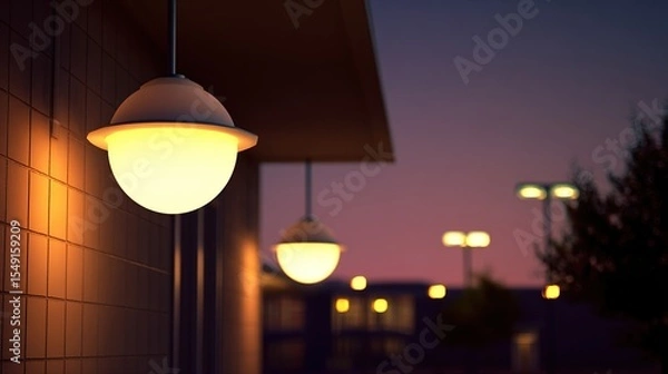 Fototapeta Dusk scene featuring softly lit spherical exterior wall lamps on a tiled building, with blurred background lights and a hint of trees and buildings at twilight