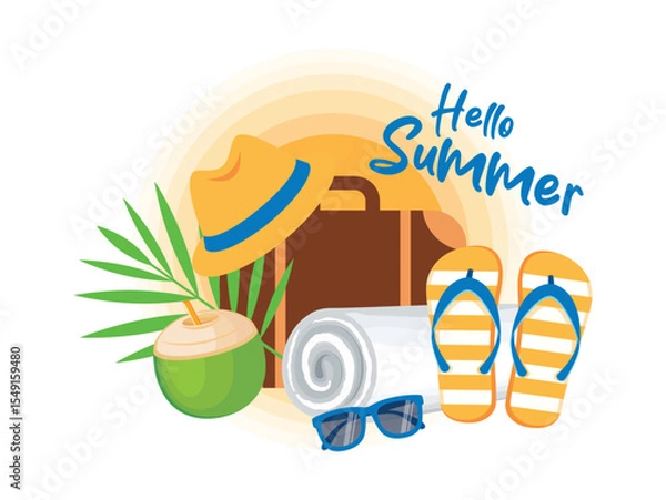 Fototapeta Hello summer banner with flip flops, towel, suitcase, sunglasses and coconut drink vector illustration. Hat, blue sunglasses and palm leaf vector. Tropical vacation and travel design element